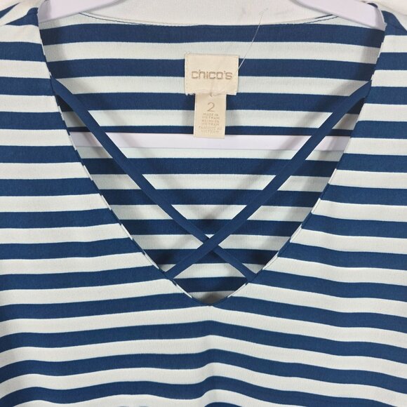 Chico's Size 2 Striped Caged Knit Top Women's Size Large Blue & White Stripe - Picture 3 of 13